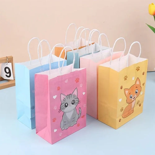 Cartoon Cat Paw Print Paper Gift Bags with Handles – 6 Piece Set