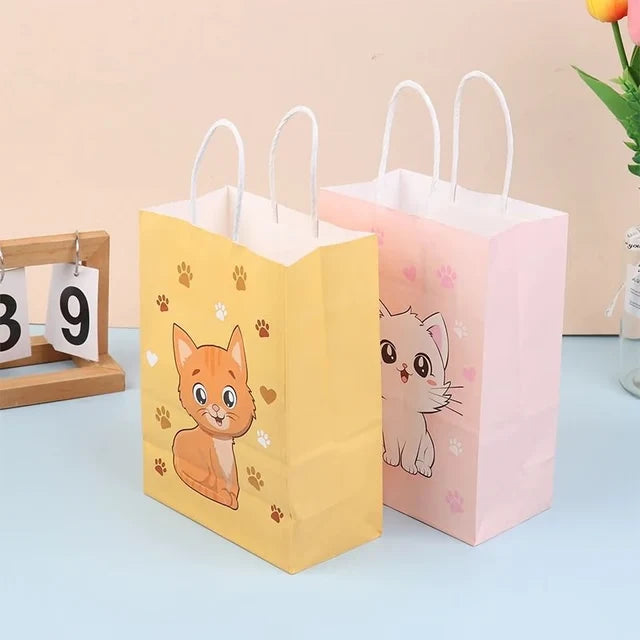 Cartoon Cat Paw Print Paper Gift Bags with Handles – 6 Piece Set