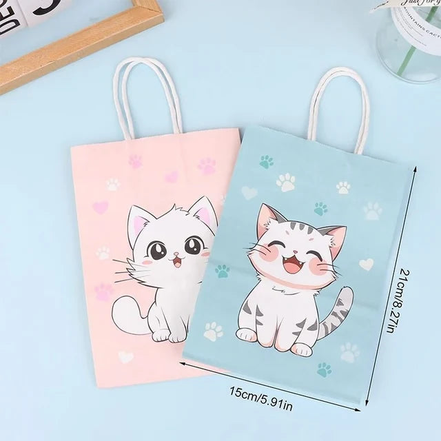 Cartoon Cat Paw Print Paper Gift Bags with Handles – 6 Piece Set