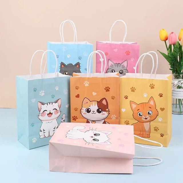 Cartoon Cat Paw Print Paper Gift Bags with Handles – 6 Piece Set