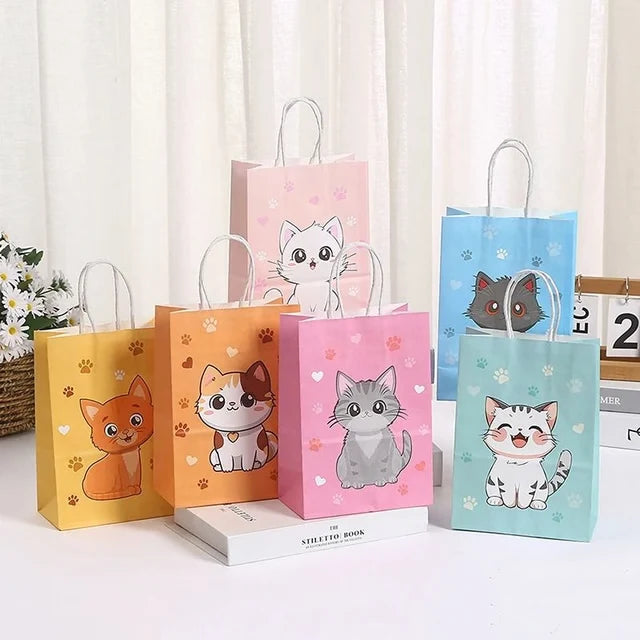 Cartoon Cat Paw Print Paper Gift Bags with Handles – 6 Piece Set