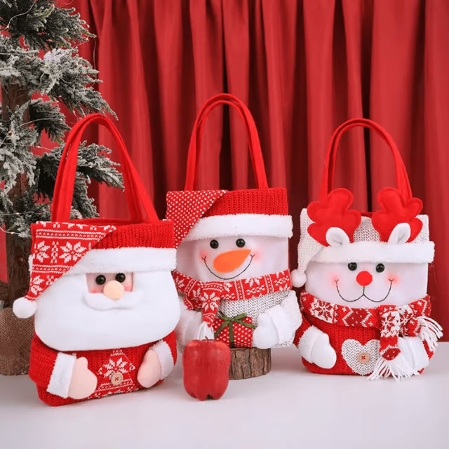 Christmas Knitted Gift Bag Cute Plush Santa Snowman Reindeer Candy Gift Tote
