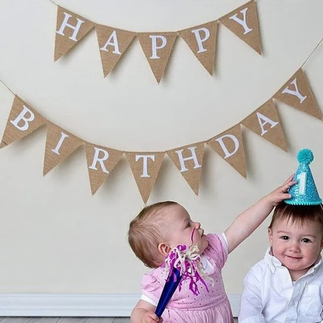 Vintage Jute Hessian Burlap "HAPPY BIRTHDAY" Banner (13 Flags)