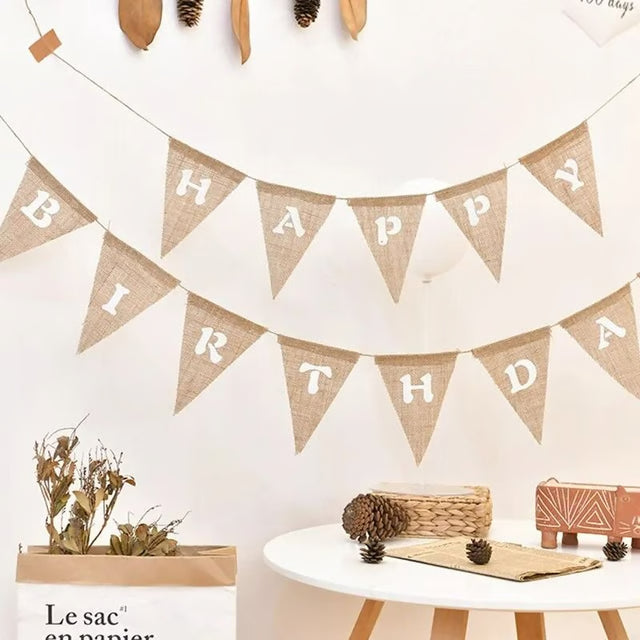 Vintage Jute Hessian Burlap "HAPPY BIRTHDAY" Banner (13 Flags)