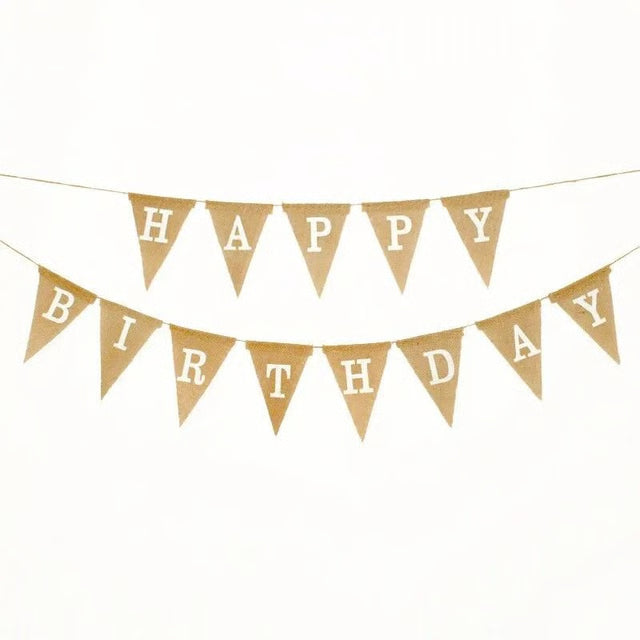 Vintage Jute Hessian Burlap "HAPPY BIRTHDAY" Banner (13 Flags)
