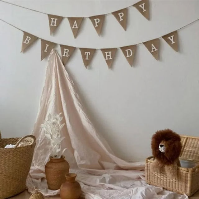 Vintage Jute Hessian Burlap "HAPPY BIRTHDAY" Banner (13 Flags)