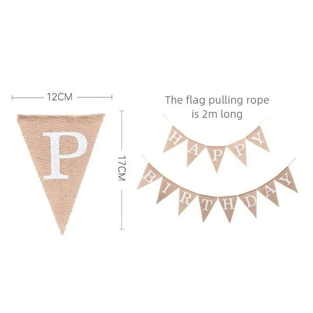 Vintage Jute Hessian Burlap "HAPPY BIRTHDAY" Banner (13 Flags)